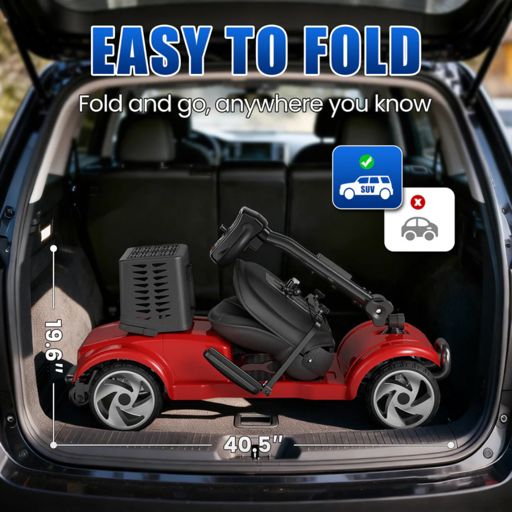 Folded mobility scooter loaded neatly into an SUV trunk