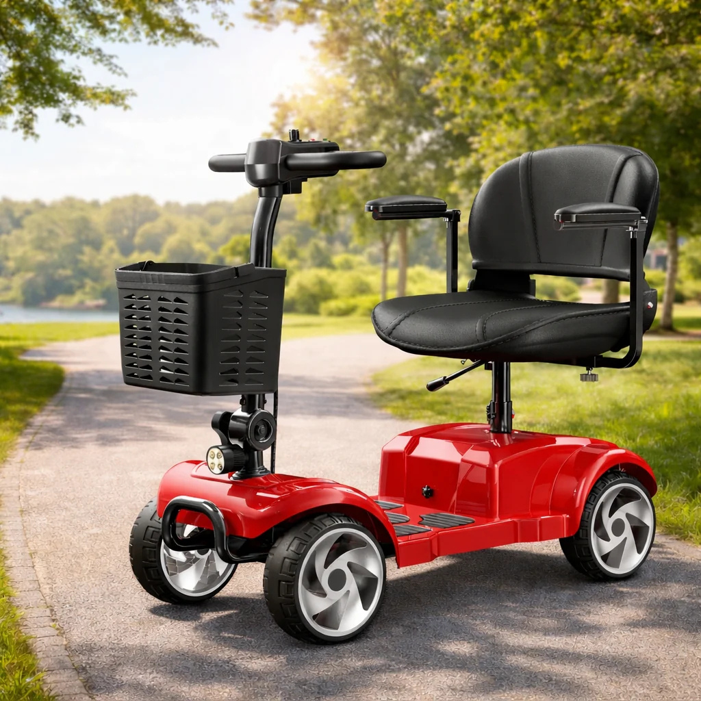 Red foldable 4-wheel mobility scooter on a park path