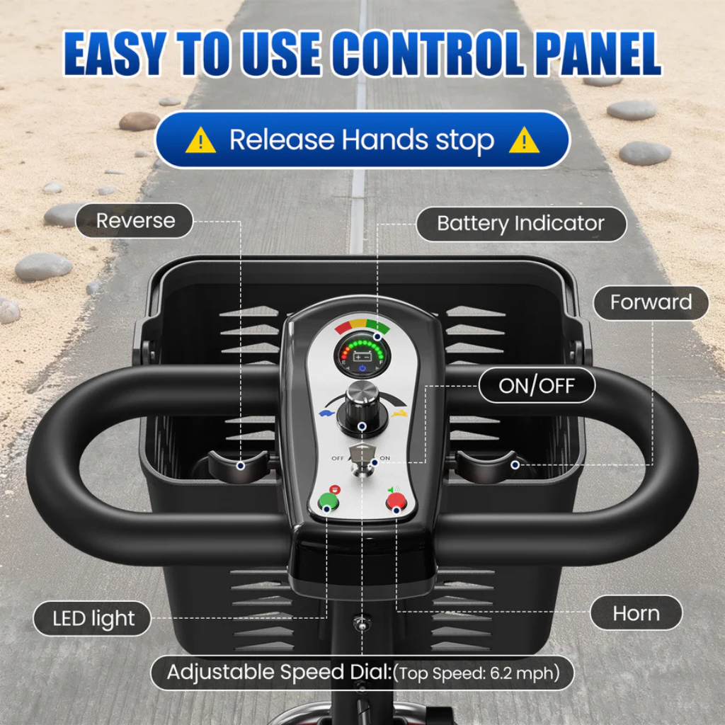 Close-up of the labeled scooter control panel with speed dial, horn and headlight