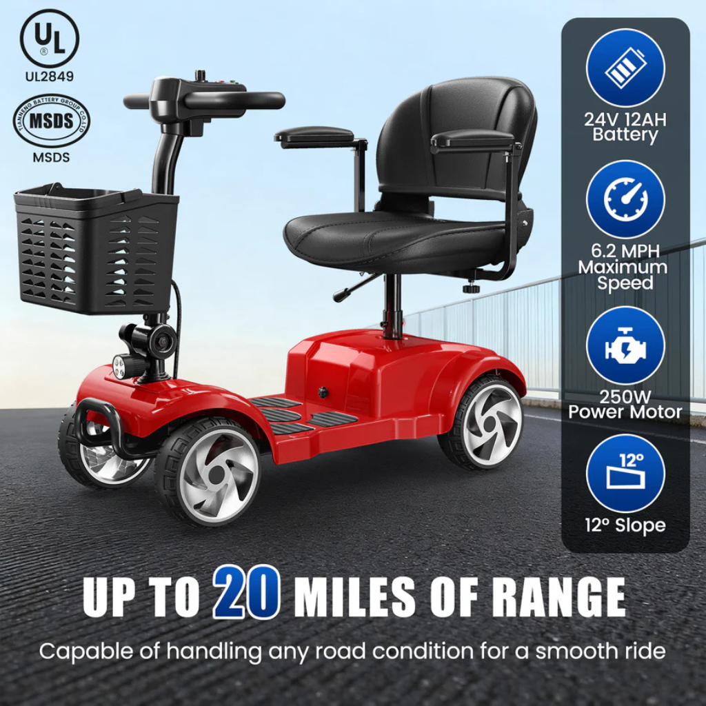 Red mobility scooter highlighting its motor, battery and all-terrain tires