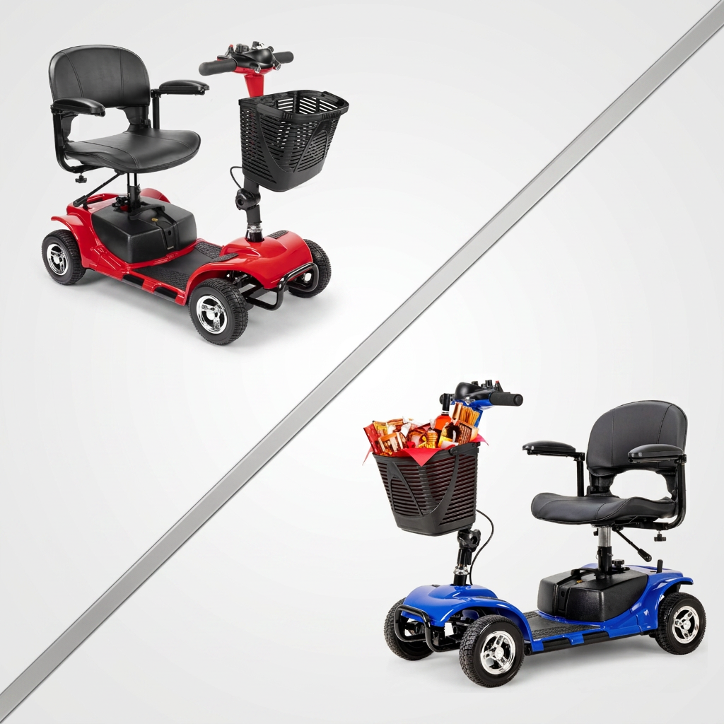 The foldable mobility scooter shown in red and in blue