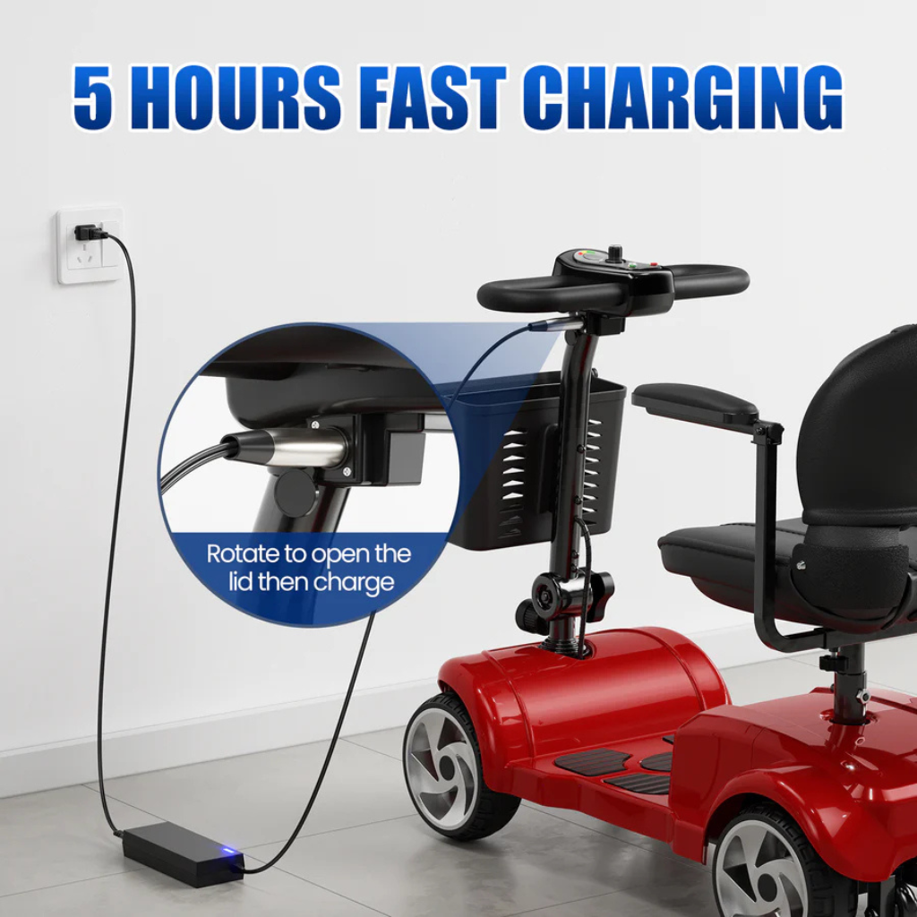 Detachable lithium battery charging beside the mobility scooter