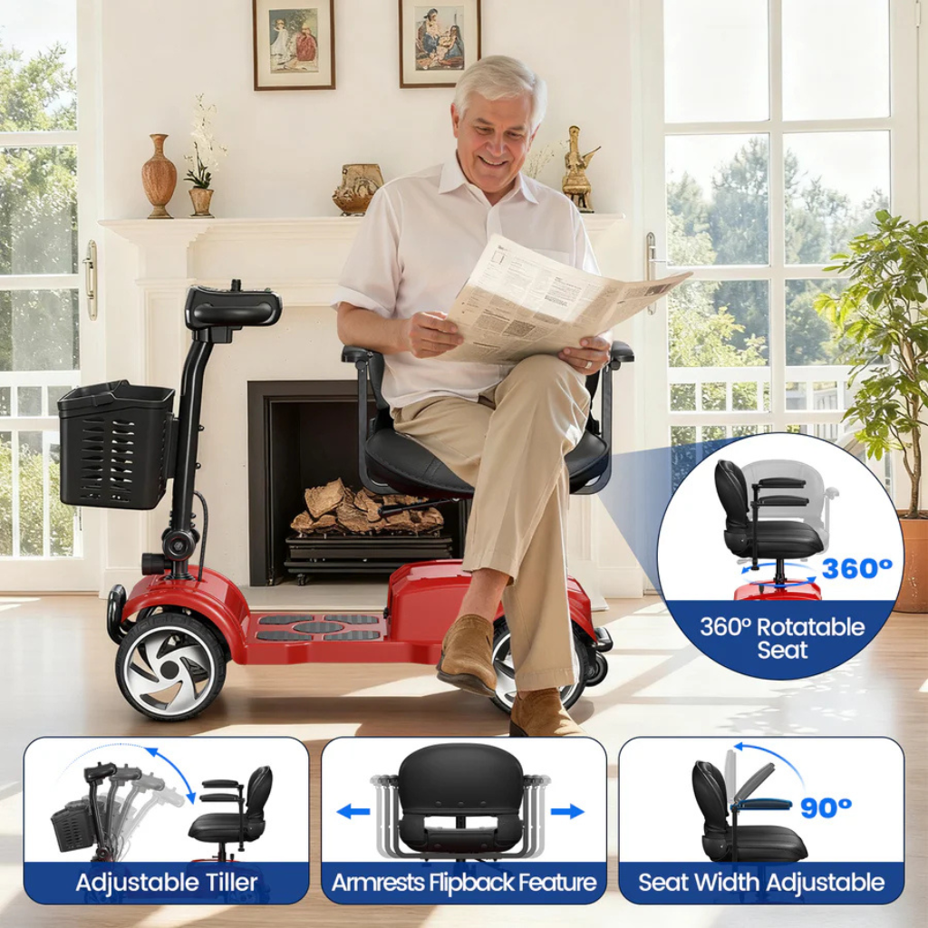 Senior man seated comfortably on the scooter's padded swivel seat in a garden